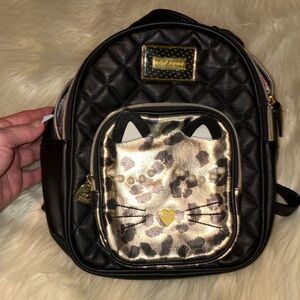 Betsey Johnson Black Quilted Backpack with Gold Leopard Cat